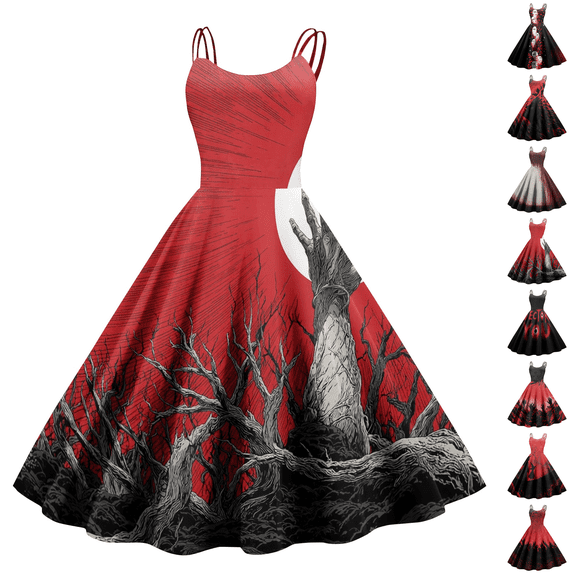 Halloween Dress for Women Vintage Medieval Pumpkin Bat Printed Dress Renaissance Ruffle Hem Swing Dress Flowy A Line Casual Dress Cami Tank Crew Neck Midi Dress Vermilion XL