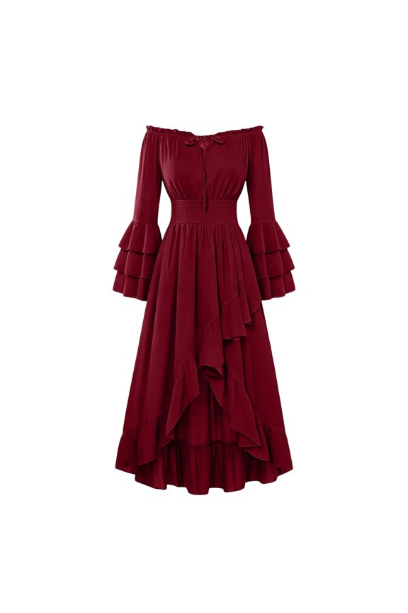 Halloween Dress Womens Flowy Gothic Medieval Renaissance Outfits Off Shoulder Ruffled Long Sleeve High Low Dresses (XL, Wine)