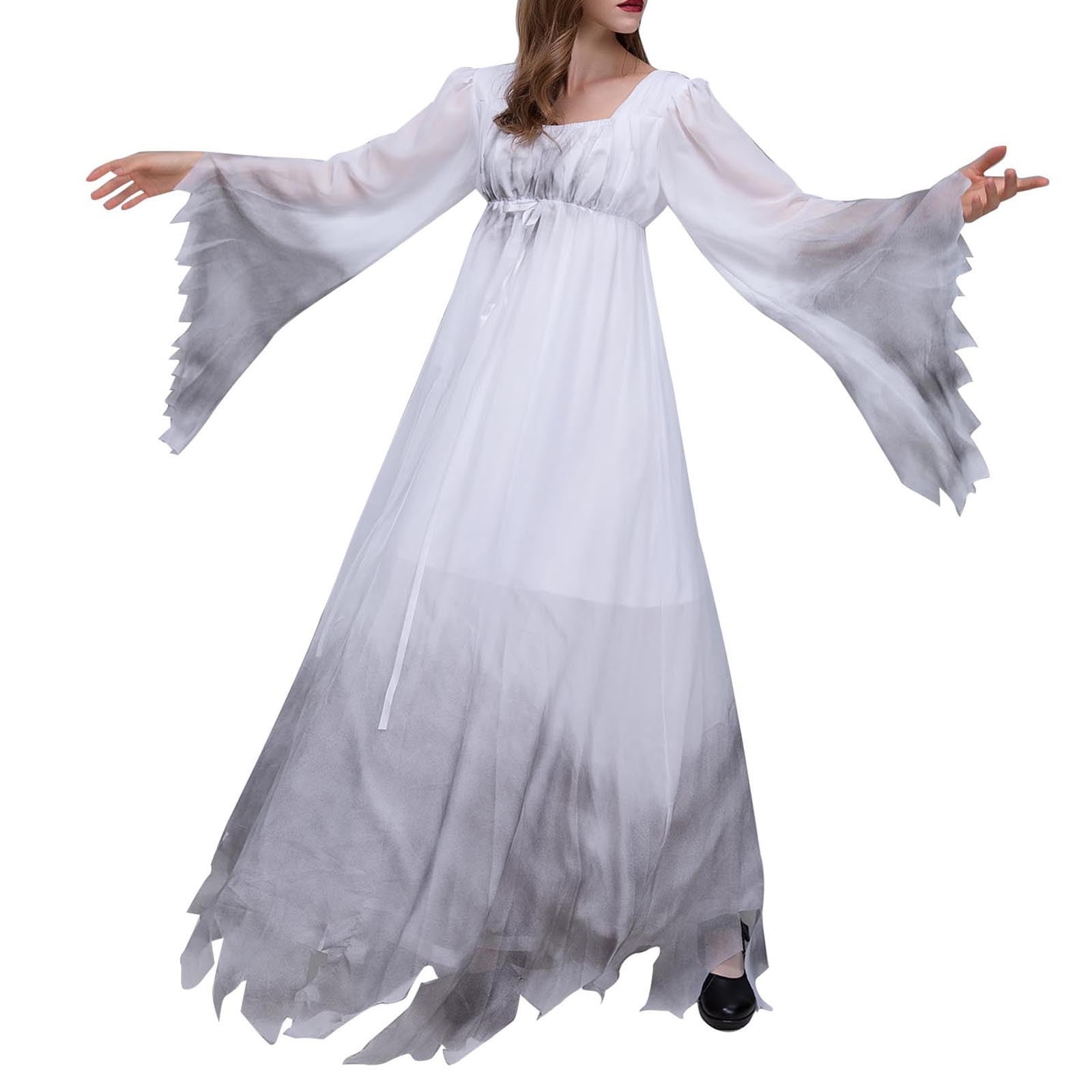  Mepase 2 Pcs Halloween Ghost Costume Women with White Veil  Gossamer Ghost Bride Dress Vintage Zombie Bride Costume Gothic Victorian  White Fancy Dress for Women Girls Halloween Cosplay Party : Clothing