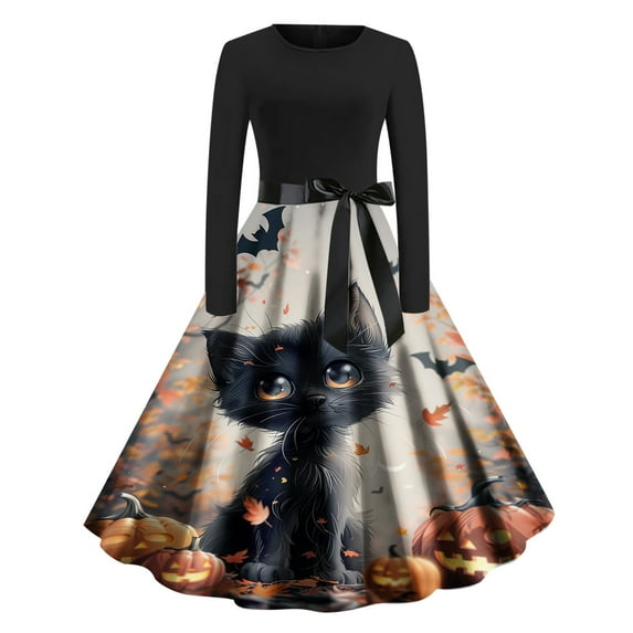 Halloween Dress for Women Long Sleeve Belted A-Line Party Dress Vintage Pumpkin Print Swing Dresses with Belt