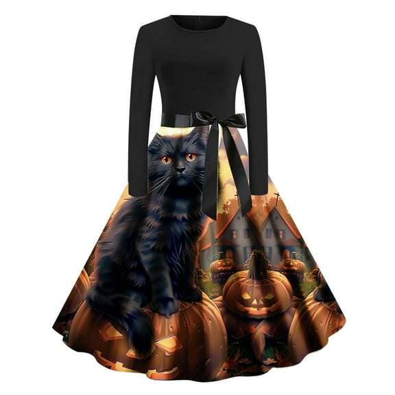 Halloween Dress for Women Long Sleeve Belted A-Line Party Dress Vintage Pumpkin Print Swing Dresses with Belt