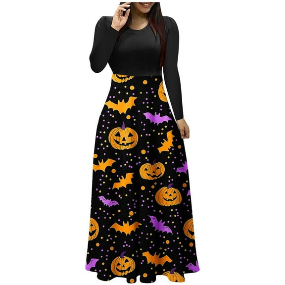 Halloween Dress for Women Long Sleeve Pumpkin Print Maxi Dress Witch Costume Fall Party Gothic Outfit