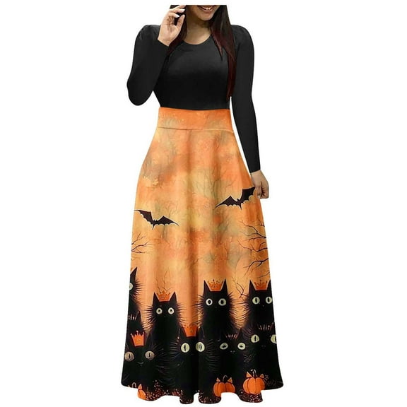 Halloween Dress for Women Long Sleeve Pumpkin Print Maxi Dress Witch Costume Fall Party Gothic Outfit