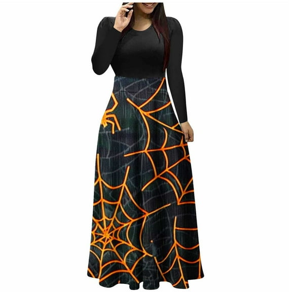 Halloween Dress for Women Long Sleeve Pumpkin Print Maxi Dress Witch Costume Fall Party Gothic Outfit
