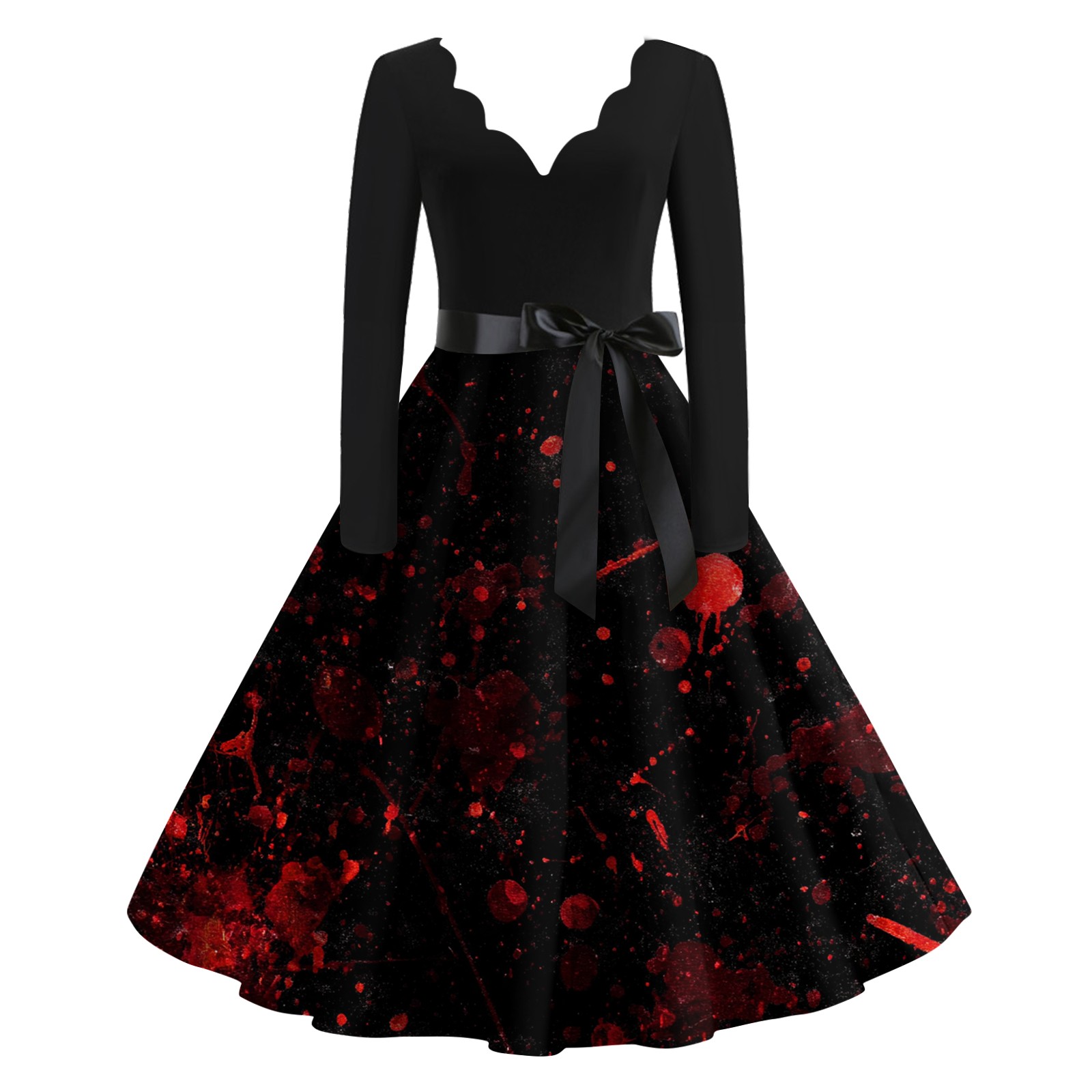 Women's Halloween Art Fashion Print Long Sleeve V-Neck Lace-Up Midi Dress