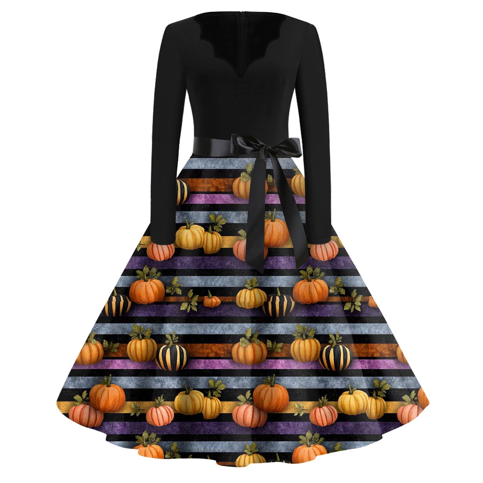 Halloween Dress for Women Pumpkin Print Retro A Line V Neck Cocktail ...