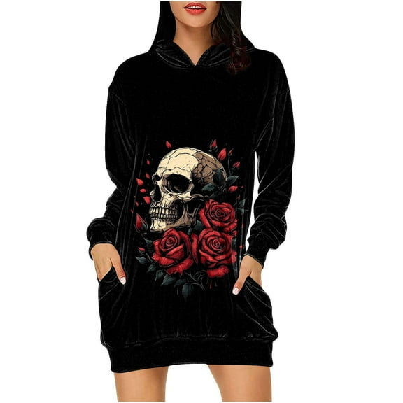 Halloween Dress for Women Skull Hoodie Dress Gothic Rose Print Costume Spooky Pullover Tunic Outfit