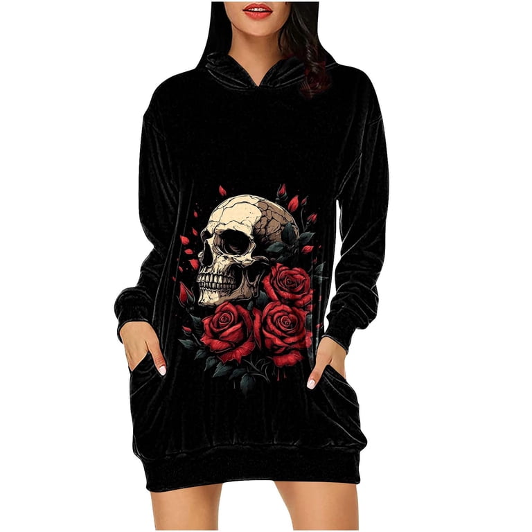 Halloween Dress for Women Skull Hoodie Dress Gothic Rose Print Costume Spooky Pullover Tunic Outfit