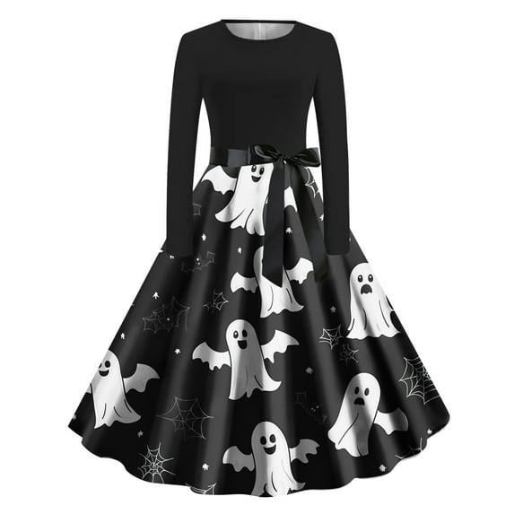 Halloween Dress for Women Vintage A Line Long Sleeve Ghost Pumpkin Print Dresses Swing Party Costume Skater Dress