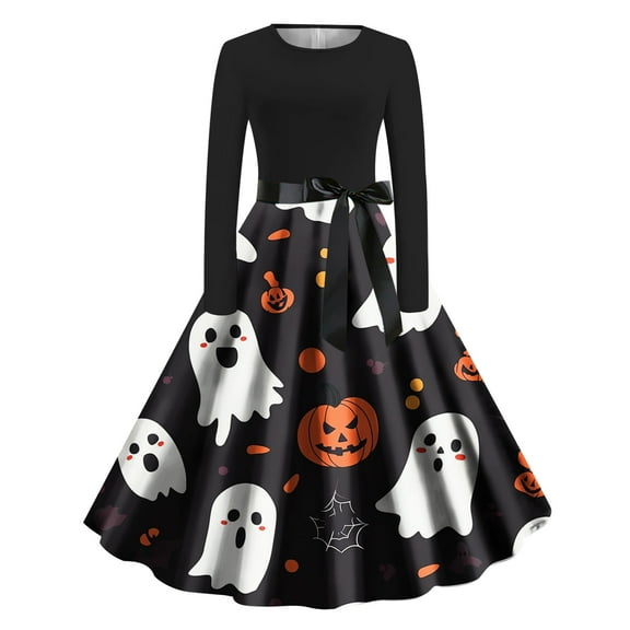 Halloween Dress for Women Vintage A Line Long Sleeve Ghost Pumpkin Print Dresses Swing Party Costume Skater Dress