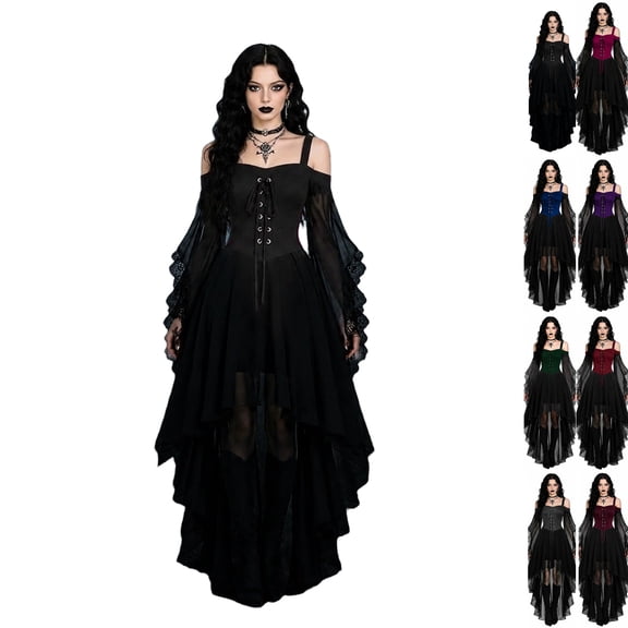 Halloween Dresses For Women Cold Shoulder Butterfly Sleeve Lace Witch Dress Medieval Vampire Elegant Gothic Gowns Black 3XL