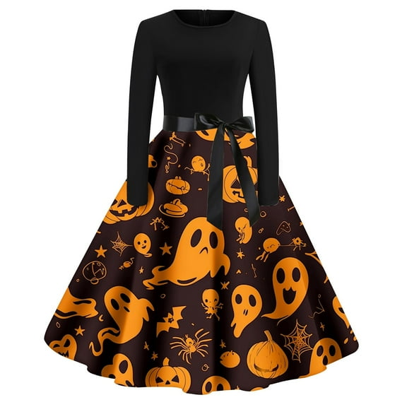 Halloween Dresses For Women Stylish Printed Gown Festive Celebrations Casual Party Long Sleeve A-Line Fall Outfit