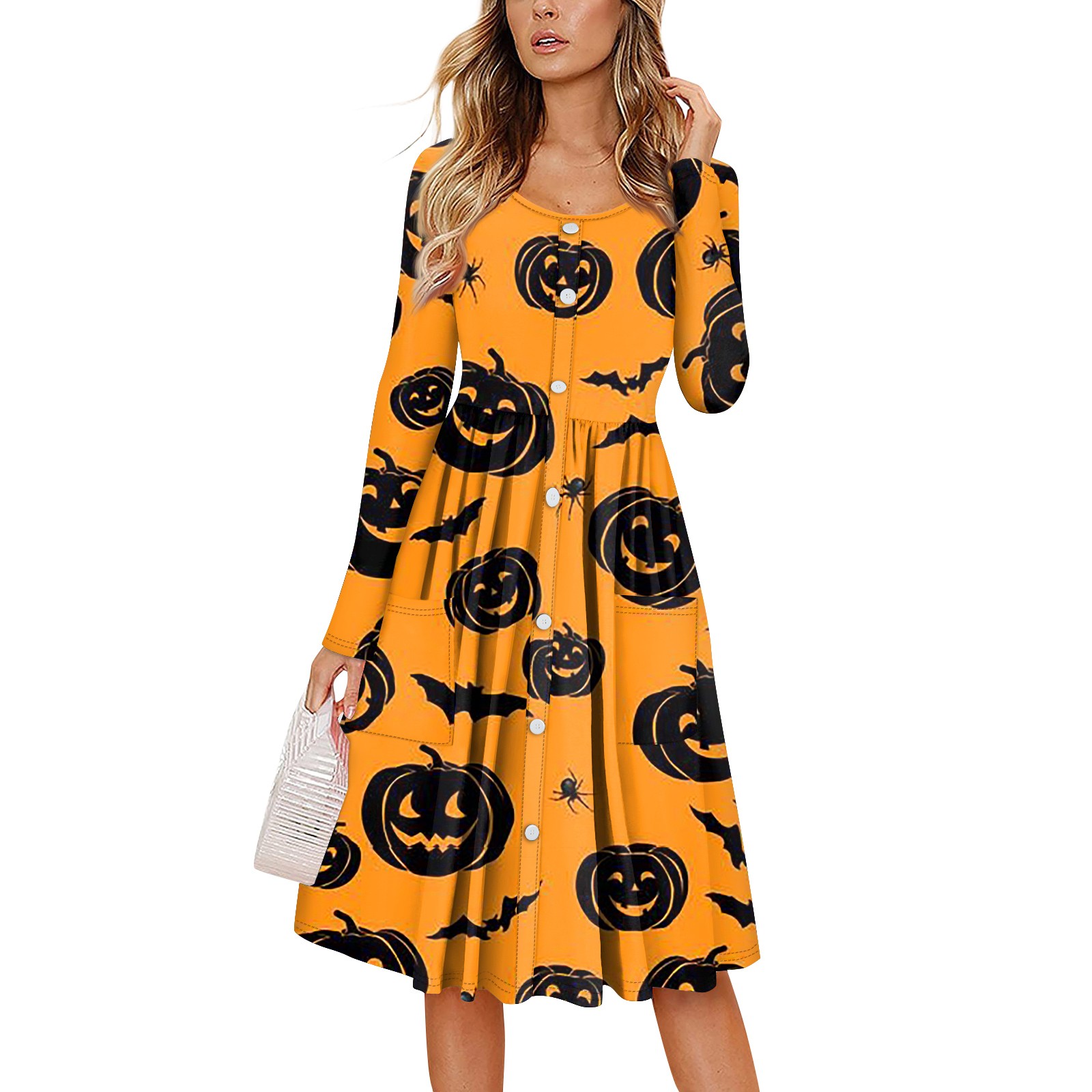 Halloween Dresses for Women 2024 Pumpkin Bats Print Tshirts Dress Long