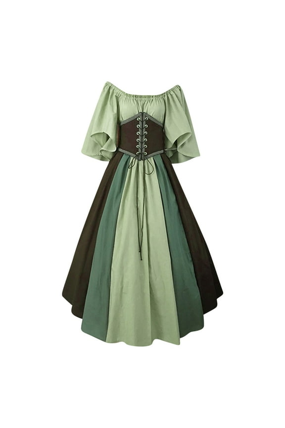 Halloween Dresses for Women Medieval Renaissance Vintage Dress Ladies Color Matching Short Sleeve Cosplay Plus Size costumes Elegant Lace Up Club Party Evening Gowns