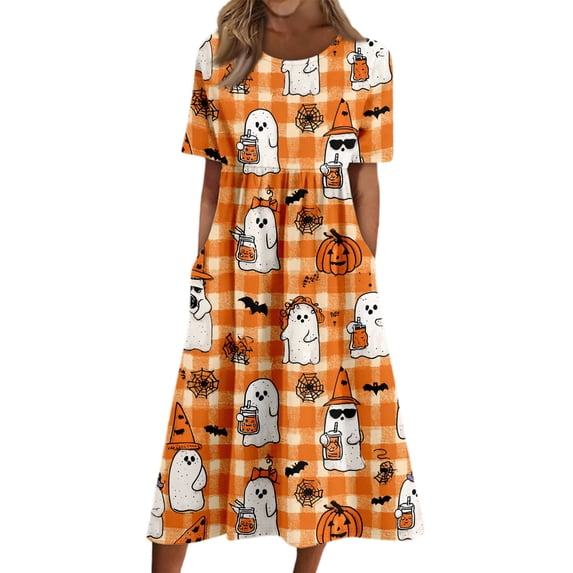 Halloween Dresses for Women Petite Casual Midi A-Line with Pockets Short Sleeve Crew Neck Loose Fit Graphic Print Dress for Semi Formal Evening Party Yellow S