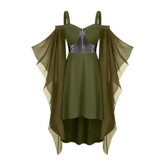 Halloween Dresses for Women Off Shoulder Solid Mesh Zipper Renaissance Dress Flowy Trendy Trumpet Sleeve Medieval Costume Fashion Lace Ankle-Length Gothic Dress for Halloween