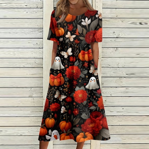 Halloween Dresses for Women Summer Comfy Funny Pumpkin Ghost Medieval Dress Short Sleeve Renaissance Loose Fit Flowy Midi Halloween Costumes Dresses Red M