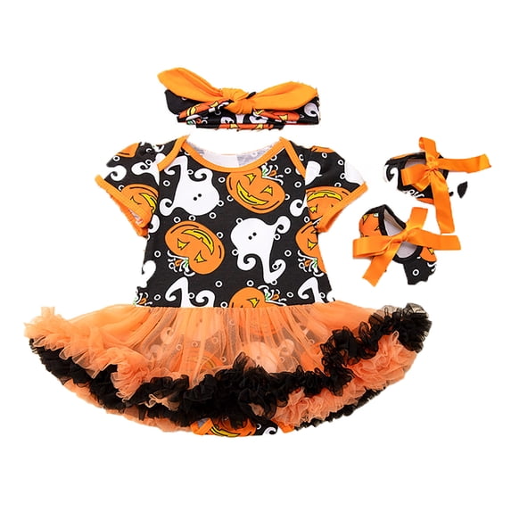 Halloween Dresses for Girls, Children's Halloween Cartoon Pumpkin Outfit Set For Baby Boys And Girls Three Piece Party Dress Shoes, Halloween Gifts