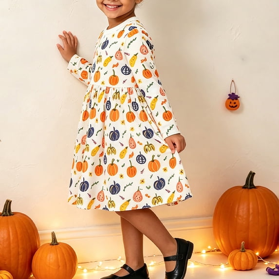 Halloween Dresses for Girls Halloween Print Long Sleeve Crewneck Princess Dress Toddler Casual Dresses for Girls Size 4-5Y