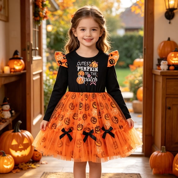Halloween Dresses for Girls Pumpkin Letter Print Mesh Tutu Princess Dress Long Sleeve Crewneck Casual Tutu Dress for Girl Size 7-8Y