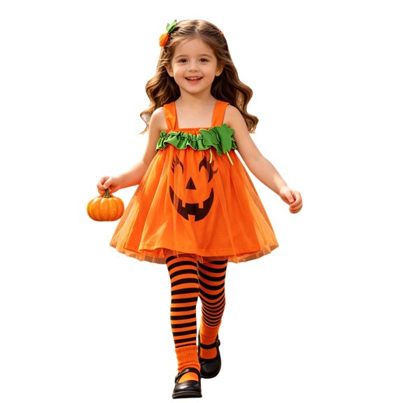 Halloween Dresses for Girls,Short Sleeve Cute Pumpkins Print Mesh Party Dress for Toddler Kids Princess Dress