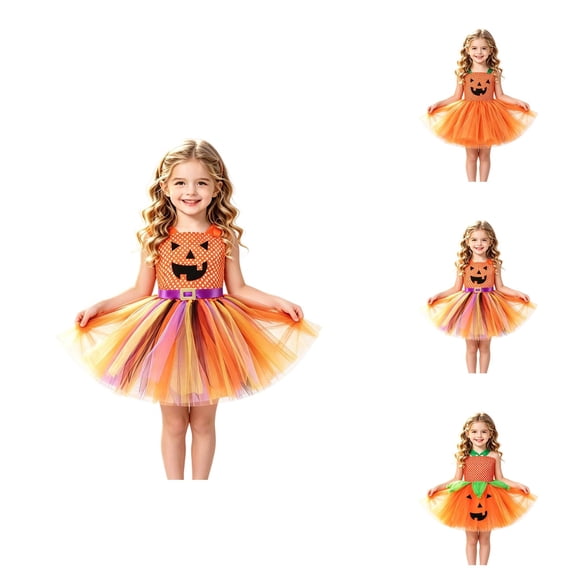Halloween Dresses for Girls Sleeveless Funny Pumpkin Face A Line Tulle Dress Princess Dresses 2-12 Years