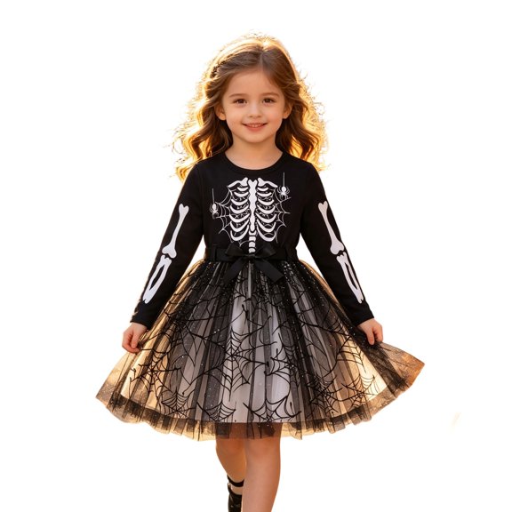 Halloween Dresses for Girls,Tutu Dress Long Sleeve Skeleton Print Mesh Party Dress for Kids Princess Dress