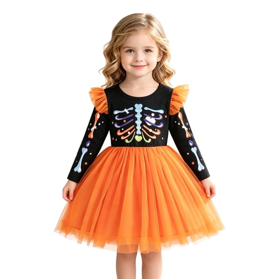 Halloween Dresses for Toddler Girls Colorful Skeleton Print Mesh Ruffles Long Sleeve Halloween Costumes For Toddler Girls Size 12-18 Months