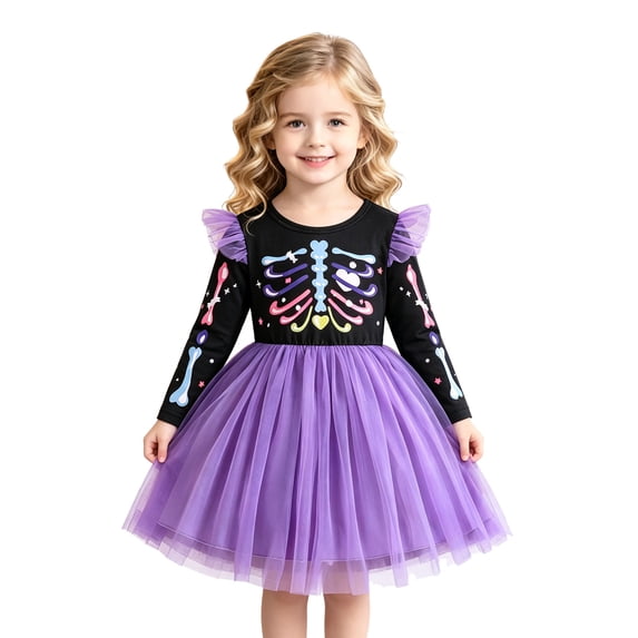 Halloween Dresses for Toddler Girls Colorful Skeleton Print Mesh Ruffles Long Sleeve Halloween Costumes For Toddler Girls Size 3-4T