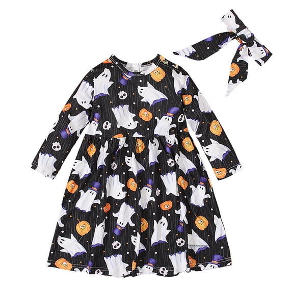 Halloween Dresses for Toddler Girls Pumpkin Ghost Print Kids Long Sleeve With Hairband Toddler Girls Birthday Party Dress Size 2-3T