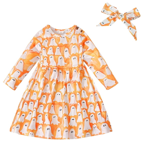 Halloween Dresses for Toddler Girls Pumpkin Ghost Print Kids Long Sleeve With Hairband Toddler Girls Birthday Party Dress Size 3-4T