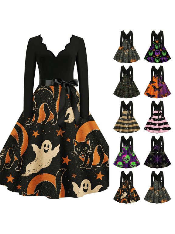 Halloween Dresses for Women 1950s Retro Vintage Cocktail Swing Dress Dark Gray S