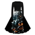thumbnail image 1 of Halloween Dresses for Women 1950s Vintage Printed Long Sleeve V Neck Plus Size Evening Prom Dress with Belt, 1 of 3