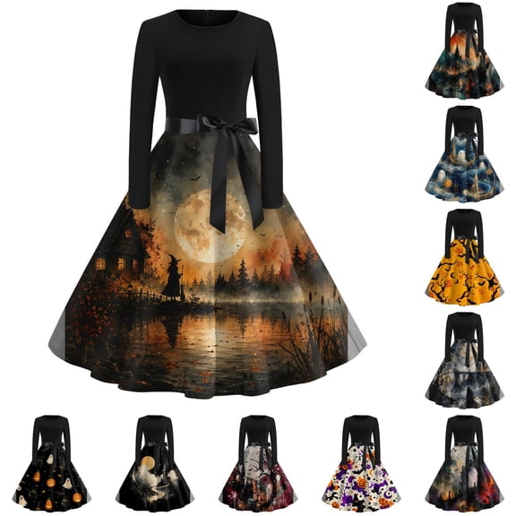 Halloween Dresses for Women Bat Cocktail Long Sleeve Classic Swing Dress Skeleton Hepburn Crew Neck Fall Dresses with Belt XL
