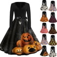 thumbnail image 1 of Halloween Dresses for Women Bat Ghost V Neck 1950s Cocktail Vintage Tea Length Dress Long Sleeve Hepburn Cute Classic Dresses with Belt S, 1 of 5