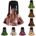thumbnail image 1 of Halloween Dresses for Women Bat Printed Crew Neck Scary Swing Dress Bone Cocktail Long Sleeve Retro Tea Length Dress with Belt L, 1 of 5