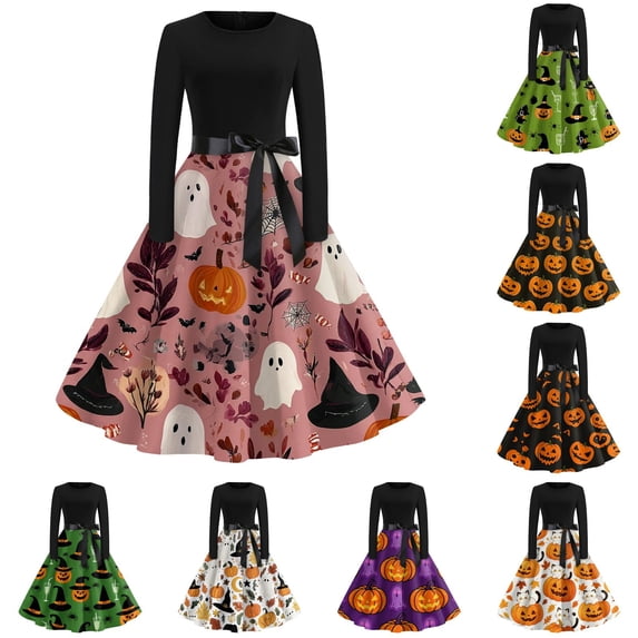 Halloween Dresses for Women Bat Printed Crew Neck Scary Swing Dress Bone Cocktail Long Sleeve Retro Tea Length Dress with Belt L