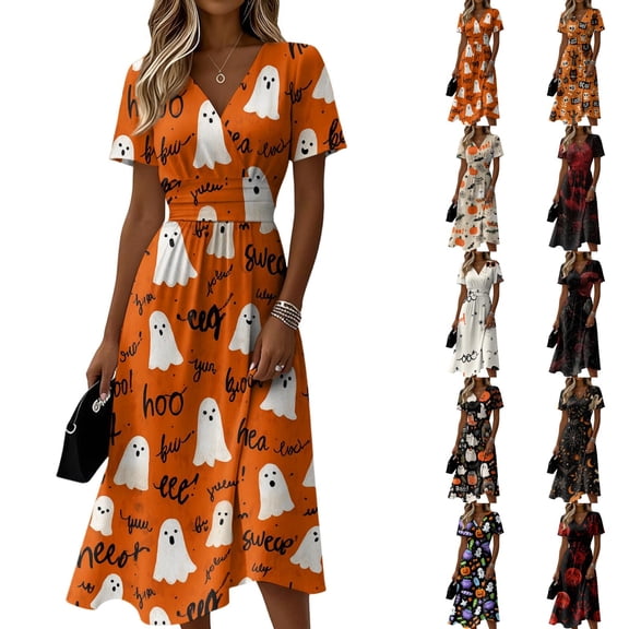 Halloween Dresses for Women Bat V Neck Ghost Cute Wrap Dress Spider Short Sleeve Vintage Wedding Guest Dresses M