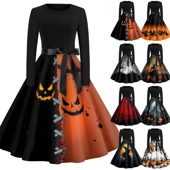 Halloween Dresses for Women Bone 1950s Long Sleeve Fall Dresses Ghost Cocktail Crew Neck Casual Swing Dress with Belt L