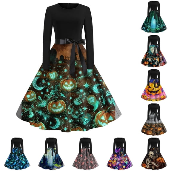 Halloween Dresses for Women Candy Hepburn Crew Neck Fashion Swing Dress Bone Cocktail Long Sleeve Spooky Dresses with Belt S