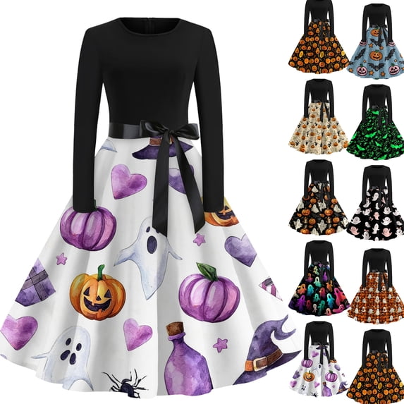 Halloween Dresses for Women Candy Pumpkin Crew Neck Hepburn 1950s Retro Tea Length Dress Long Sleeve Cocktail Vintage Funny Dress with Belt S