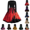 thumbnail image 1 of Halloween Dresses for Women Castle Cocktail Long Sleeve Funny Dresses Spider 1950s Crew Neck Horror Swing Dress with Belt L, 1 of 5