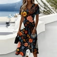 thumbnail image 1 of Halloween Dresses for Women Castle Pumpkin Short Sleeve Horror Sundress Spider Webeb Ghost V Neck Funny Midi Dresses, S, 1 of 5