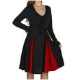 thumbnail image 1 of Halloween Dresses for Women Color Block Medieval Renaissance Waist Strap Dress Long Sleeve V Neck Dress, 1 of 7