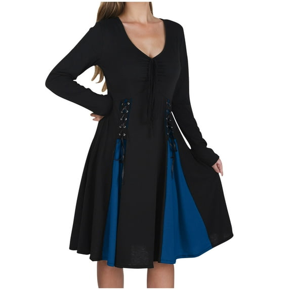 Halloween Dresses for Women Color Block Medieval Renaissance Waist Strap Dress Long Sleeve V Neck Dress