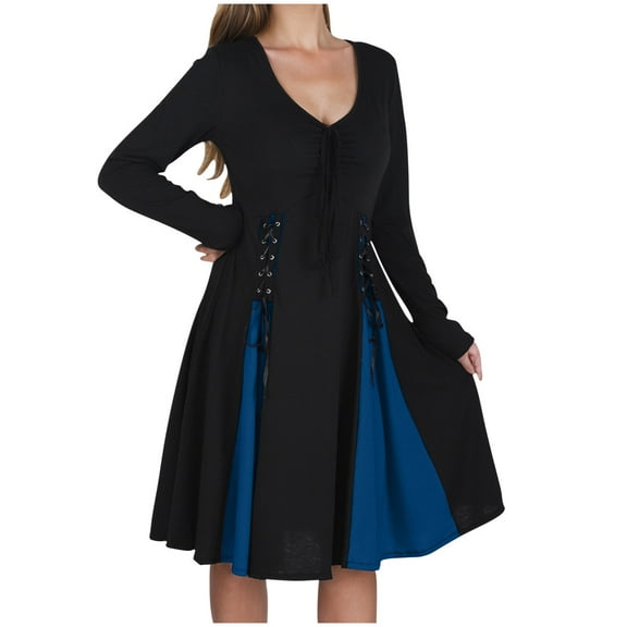 Halloween Dresses for Women Color Block Medieval Renaissance Waist Strap Dress Long Sleeve V Neck Dress