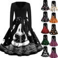 thumbnail image 1 of Halloween Dresses for Women Ghost Skeleton V Neck Hepburn 1950s Retro Tea Length Dress Long Sleeve Cocktail Funny Classic Dress with Belt M, 1 of 5