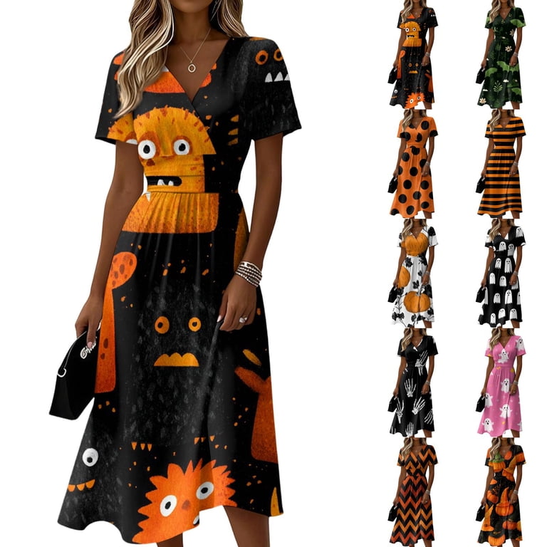 Knosfe Halloween Dresses for Women Ghost V Neck Spider Fall Wrap Dress Bat Short Sleeve Cute Wedding Guest Dresses XL, Women's