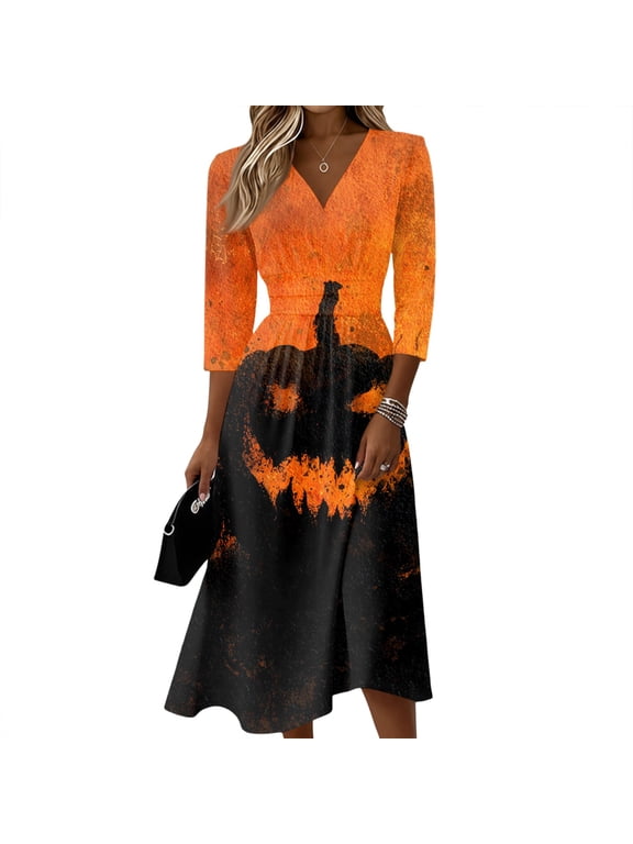 Halloween Dresses for Women Halloween Pumpkin Print V Neck 3/4 Length Sleeve Summer Dresses for Halloween Party Fall Clothes