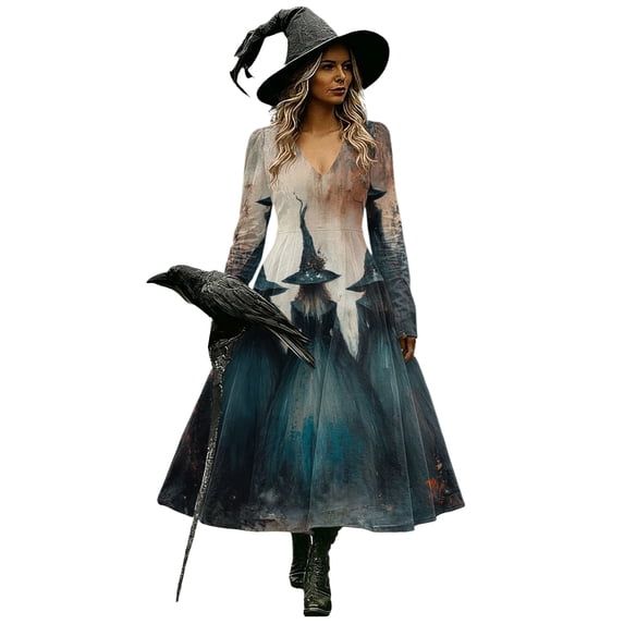 Halloween Dresses for Women, Long Sleeve V-Neck Halloween Midi Dress Graphic Printed A-Line Fancy Dress Witch Costume Outfit for Party Carnival